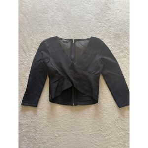 Bebe Women's Medium Sheer Back Crop Top Long‎ Sleeve V Neck Black